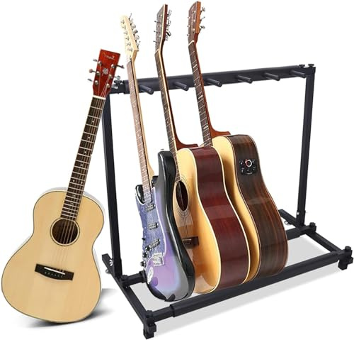 HINOPY 5-vägs gitarrstativ, universellt bärbart gitarrstativ, flersitsig gitarrvisningsstativ för akustik, elgitarr, akustisk bas, gitarrsamlare, present (svart)