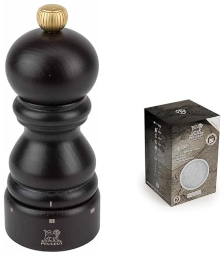 Peugeot - Paris u'Select Manual Salt Mill - Adjustable Grinder - Beechwood, Chocolate, 12 cm + Peugeot Saveurs 42721 Salt, Wood