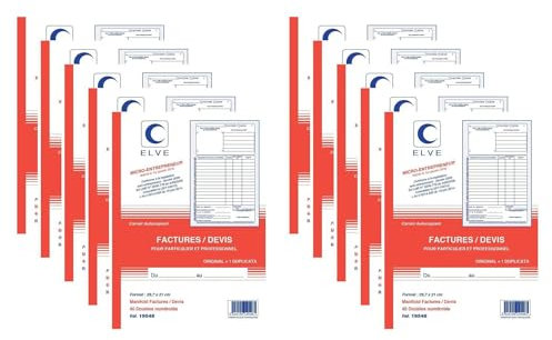 ELVE Lot de 10 Manifolds MICRO-ENTREPRENEUR Factures/Devis A4 40 feuilles Dupli