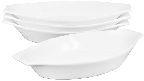 jinsongdafa Mini Ceramic Oval Au Gratin Dishes 200ML, Set of 4 Banana Split Boats, Oven Microwave Safe, for 1 person servings, Bakeware with Two Handle for Restaurant Kitchen and Home, 21 x 11.6 CM