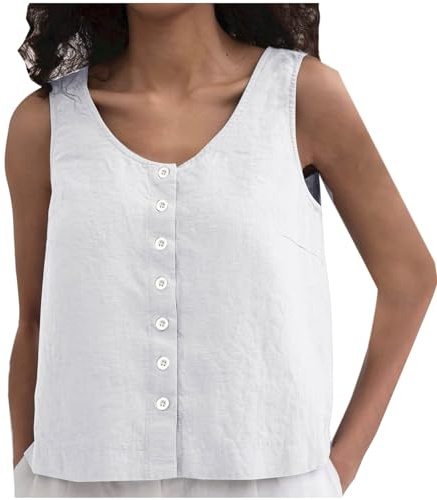 Ladies Cotton Linen Tank Tops Solid Summer Sleeveless Tshirt Button Up Vest Shirt Round-Neck Loose Tanks Casual Basic Tops for Women UK Sale