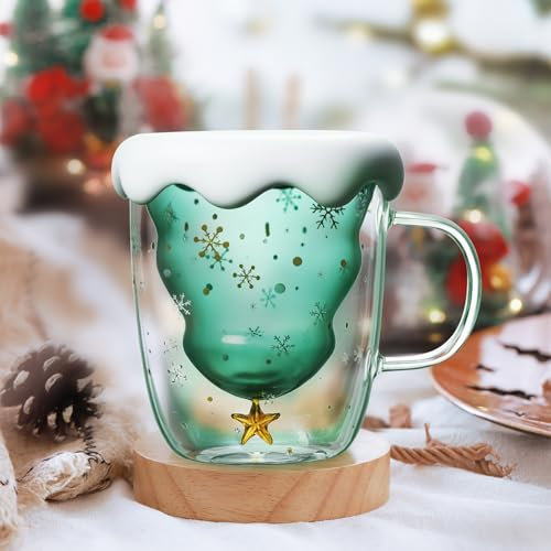 SUPRROW Tasse de Noël, verres à double paroi, tasse à café de Noël, tasse à lait en verre avec couvercle, tasses à café résistantes à la chaleur, cadeaux de Noël pour femmes, hommes, enfants