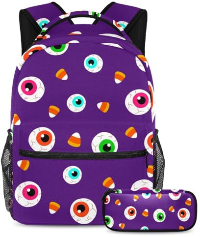 VAPOKF Ensemble de sac d'école Halloween avec globe oculaire et bonbons pour adolescentes, filles, garçons, enfants, sac à dos avec trousse à crayons pour école primaire, secondaire, lycée,