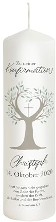 Liamoria® Konfirmationskerze Lebensbaum mit Namen, Datum und Spruch - Modell Christoph - Andenken und Konfirmationsgeschenk (25 x 8 cm)