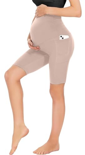 Pantalones cortos de maternidad para mujer, sobre la barriga, pantalones cortos de motociclista para embarazadas, pantalones cortos deportivos para correr, yoga, con bolsillos, beige, XL