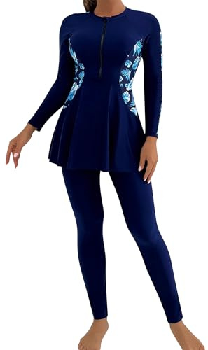 Women's Muslim Swimwear: Long Sleeve Burkini 2 Pieces Full Cover Modest Swimsuit Rash Guard Wetsuit Bathing Suit- Islamic Swimming Costume Navy Blue S