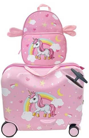 MonTravel Valigia Cavalcabile per Bambini 2 in 1 con Zainetto Bagaglio a Mano Rigido 47x26x36 cm Trolley Ruote Spinner 360 Asta Telescopica Cinghia Traino Fantasia Unicorno
