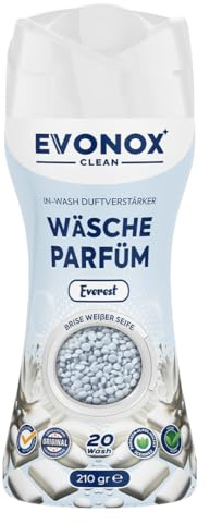 EVONOX Clean Everest – Parfum de linge, brise de savon blanche, parfum de linge frais printanier, parfum de bien-être durable, 3 x parfum durable, 20 lavages, végétalien (210 g)