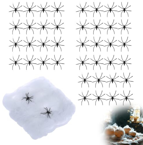 NOPKESV Ragnatela di Halloween, 200 g Ragnatela Elastica e 40 Ragni Artificiali, Ragnatele e Ragni Finti per Addobbi Halloween, Perfetta per Interni ed Esterni, Decorazioni Casa e Feste di Halloween