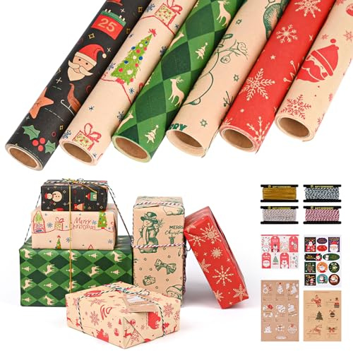 GuKKK Rouleau Papier Cadeau Noel 6 Rouleaux, 43 cm x 3 m Rouleau de Papier d'Emballage de Noël, Motifs de Christmas Wrapping Paper pour Noël pour Emballage Cadeau de Fête