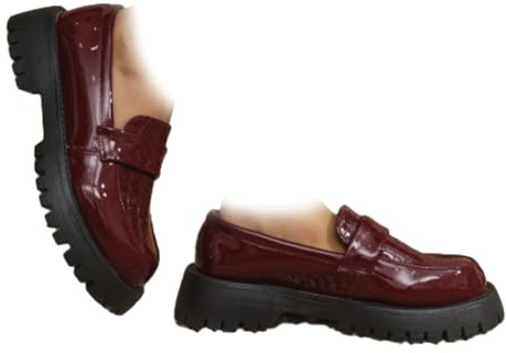WINDEHAO Mocassins orthopédiques à enfiler pour femme, mocassins à plateforme en cuir verni, confortables et larges, rouge vin, 40 EU