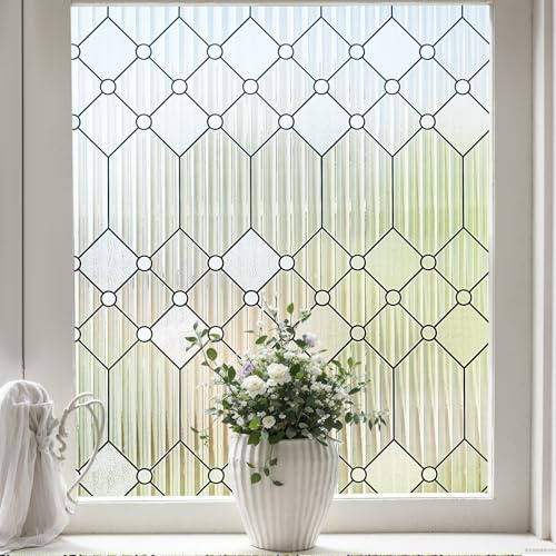Coavas Reeded Glass Window Film for Privacy Decorative, Lattice 115x200cm | Fluted Static Cling Frosted Sticker Diamond, Anti-UV Removable for Bathroom Office Bedroom Patio doors Rental Friendly