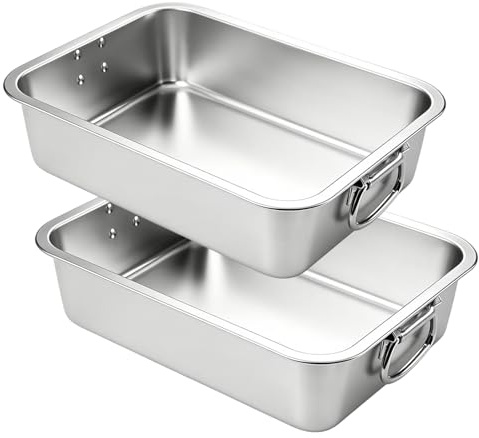 2 teglie da forno profonde in acciaio inox, 40 x 30 x 7 cm, rettangolare, con manici mobili, per cucinare carne, lasagne, tacchino