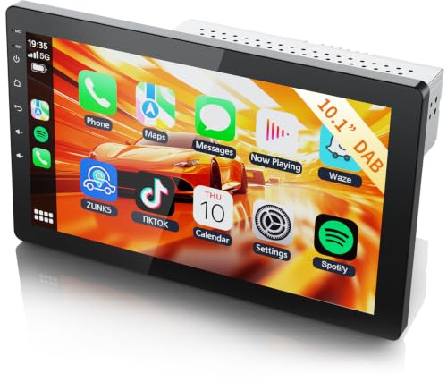 Haudio Dab Giratoria 360° Radio de Coche Bluetooth 1-DIN con CarPlay Inalámbrico y Android Auto,Pantalla táctil IPS de 10 Pulgadas,Wi-Fi y Bluetooth 5.0,Mirror Link,RDS,Radio FM/Am,Cámara de Respaldo