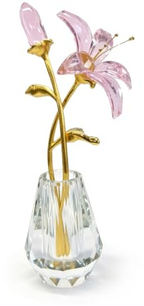 Ligynotu Crystal Lily Flower Figurine Pink Glass Floral Vase Metal Stem | Collectible Gifts for Women, Wedding, Valentine's Day, Birthday Party, Home Decor