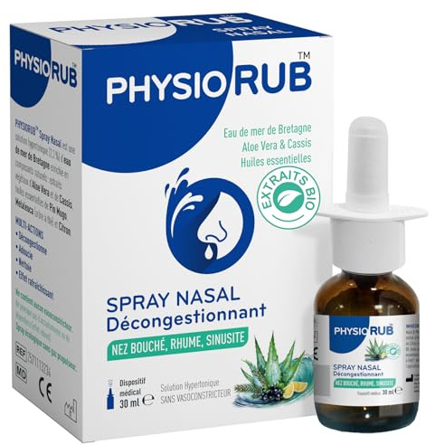 PHYSIORUB Spray Nasal Décongestionnant - Rhume, Nez Bouché ou qui Coule - Extraits BIO - Eau de Mer de Bretagne - Aloe Vera - Huiles essentielles - Dégage le nez par action osmotique Naturelle - 30 ml