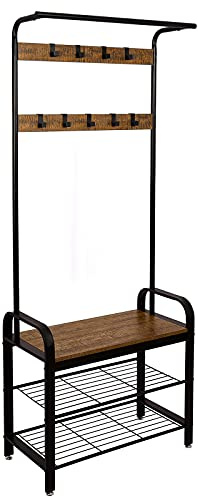 Meerveil Coat Stand, Coat Rack with Shoe Storage Bench, Metal Clothes Rail with 9 Removable Hooks, Industrial Style for Hallway Entrance, 72 x 34 x 183 cm, Rustic Brown