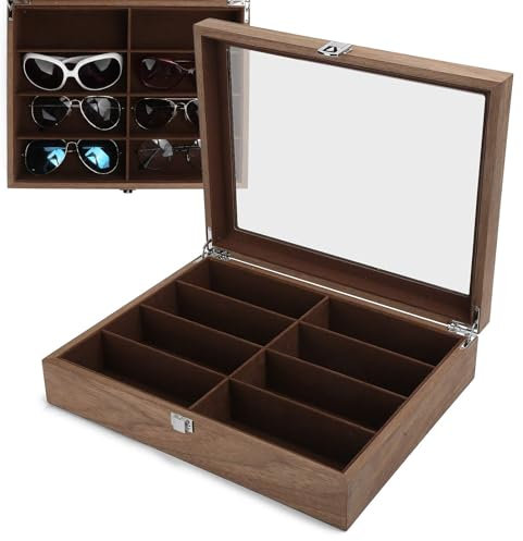 Brillenbox Sonnenbrillen Organizer,8 Gitter Staubdicht Brillen Aufbewahrungsbox,Holzsonnenbrillen Vitrine,Reiseschmuck Organizer,Aufbewahrungsbehälter mit Deckel,Naturbraun