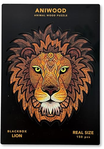 ANIWOOD Animal-Shaped Wooden Puzzle, Die-Cut Lid (Actual Size of the Puzzle), Contains Unique Animal Pieces (Medium, Lion)