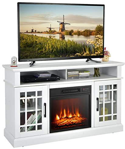 TANGZON Electric Fireplace Insert TV Stand, Freestanding Media Console Table Entertainment Center with 1800-2000W Fireplace Heater & Remote Control (White, 18 Fireplace,121x40x74cm for 55 TV)