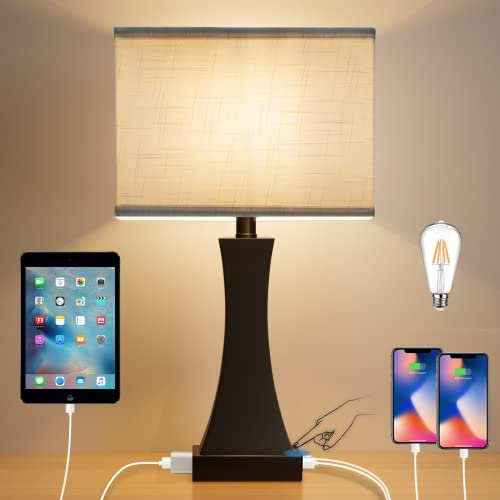OYedis Table Lamp for Bedroom 3-Way Dimmable Touch Control Bedside Lamp with USB A+C Port & AC Outlet 21.6 Tall Nightstand Lamp for Living Room Office and Hotel Bulb Included