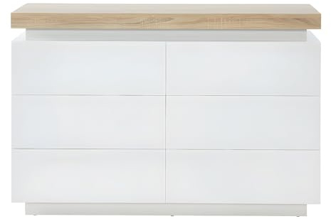 Vente-unique - Commode Halo II - 6 tiroirs - MDF laqué - avec LEDs - Coloris : Blanc et Chêne