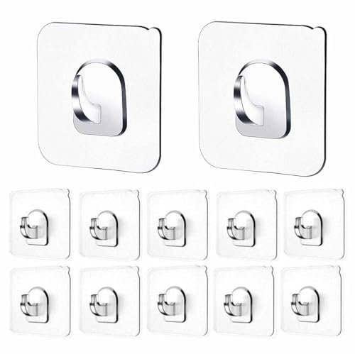 10 Self-Adhesive Hooks: Strong, Heavy Duty, No Drilling, Transparent, Waterproof, No Scratch for Shower, Kitchen
