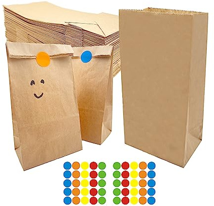 Premium små bruna papperspåsar – 50-pack med handtag och tätningsklistermärke för barnfest