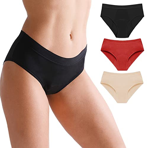 Jamron Dam 3-pack menstrosor menstruationsunderkläder läckagesäker inkontinensbyxor kraftigt flöde extra skydd trosor svart + beige + röd L