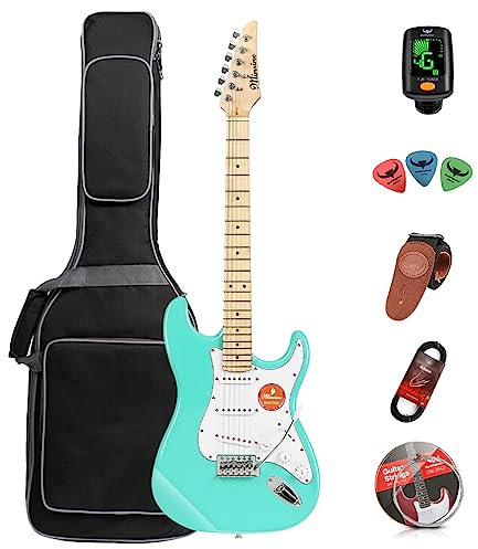 E-Gitarre für Erwachsene, Anfänger, Rockgitarre, Profispieler für Männer und Frauen mit Gitarrentasche, Saiten, Plektren, Stimmgerät, Gurt und Kabel MS100 (Green)