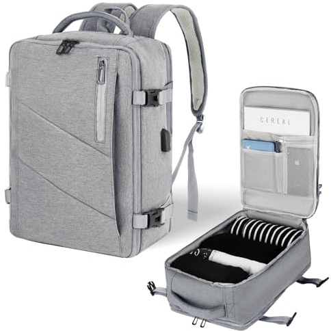 VOESLD Mochila Viaje Cabina Avion 45x36x20 para Easyjet, Mochila Portatil Mochila de Viaje Hombre Mujer Gris Claro Mochila Ordenador Bolsa de Viaje con Puerto USB, 32L