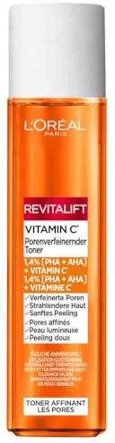 L'Oréal Paris Porenverfeinernder Toner, Sanfter Gesichtstoner mit Peeling-Effekt, 1,4 % AHA + PHA und Vitamin C, Revitalift Vitamin C, 180 ml