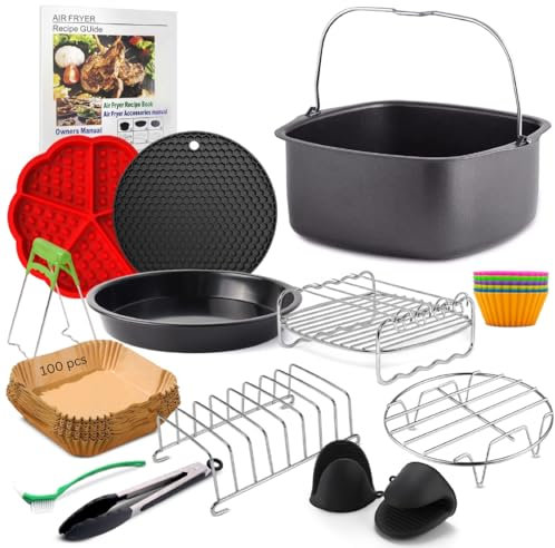 FryChef Accessoires pour friteuse à air chaud, accessoires pour friteuse à air chaud, 18 pièces, avec moule, 100 papiers sulfurisés, pulvérisateurs d'huile, etc. Compatible avec Cosori, Philips 7,3 l