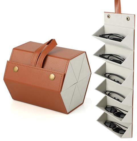 Rangement Lunette De Soleil,Boîte de Rangement pour Lunettes de Soleil,Étui de voyage pour lunettes de soleil,Boîte de Rangement Pliable à 6 Compartiments,Cuir PU,Idéal pour les Voyages et pour Ranger