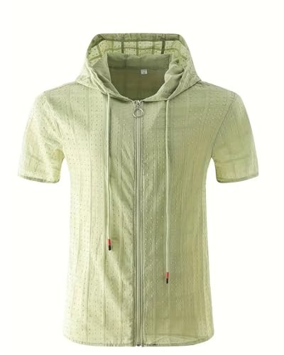 Reloj de manga corta para hombre con capucha y cremallera, cárdigan de punto camiseta de verano a la moda a cuadros sin mangas camiseta para hombre con solapa superior de color carne, verde, S