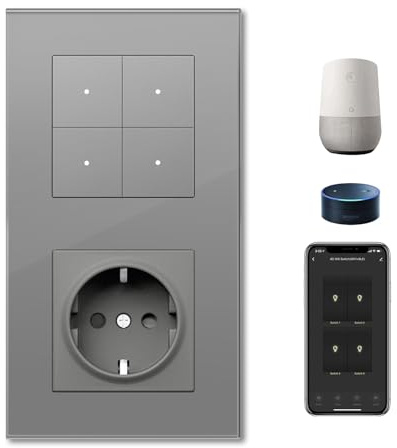 BSEED LIFE uttag med smart wifi ljusströmbrytare, intelligent strömbrytare, dold installation kompatibel med Alexa och Google Home, knappströmbrytare 4 fack 1 väg, smart hem strömbrytare grå (86 x 157