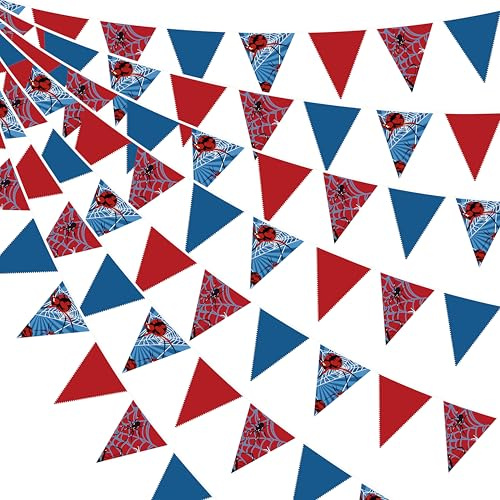 32Ft Spider Party Decorations Red Blue Spider Web Triangle Flag Pennant Banner Fabric Garland Streamer for Kids Boys Cartoon Super Heros Movie Birthday Superhero Baby Shower Party Decor Supplies
