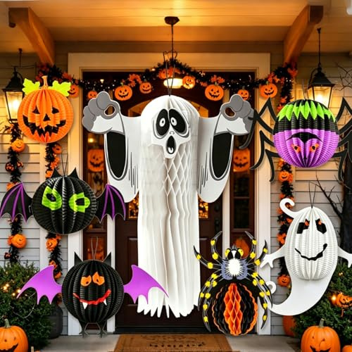 Forbabe 7 farolillos de papel para decoración de Halloween, farolillos de panal de abeja plegables, decoración con calabaza/murciélago/espíritu/arañas para fiestas de San Martín, decoración de casa
