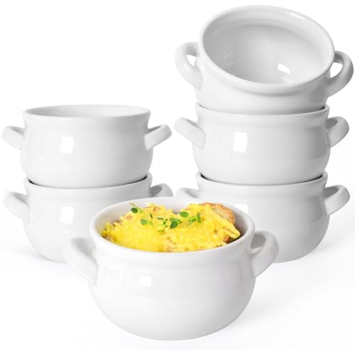 Vumdua Soup Bowls with Handles, 16 Oz Ceramic French Onion Soup Bowls - Stackable Soup Crocks Oven Safe for Cereal, Chilli, Pot Pies, Dishwasher Microwave Safe, Set of 6, White