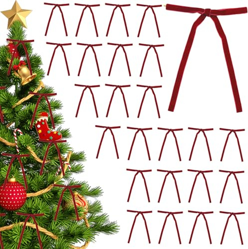 GWAWG Weihnachtsbaumschleifen, Weihnachtsdekoration, Samtschleifen für Weihnachtsbaum, Bastelschleifen für Geschenkverpackungen, rote Samt-Ornamente, Heim-Party-Dekoration, 24 Stück