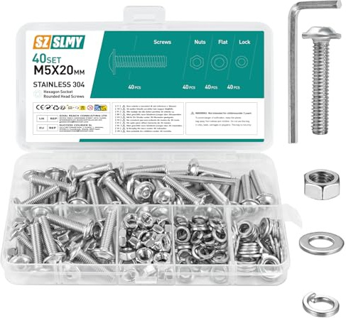 Set di 40 viti M5, viti a testa bombata M5 x 20 mm, in acciaio inox, set di viti a flangia, viti a testa piatta con flangia, filettatura completa