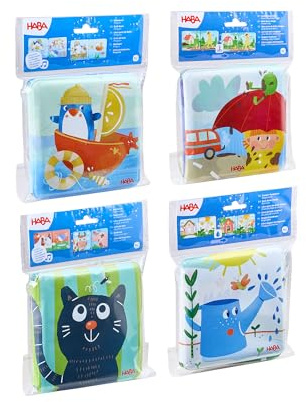 HABA Lot de 4 livres de bain en tissu - 4 livres de bain : jour de lavage magique « Boue Way » - Amis des animaux et pingouin à partir de 18 mois