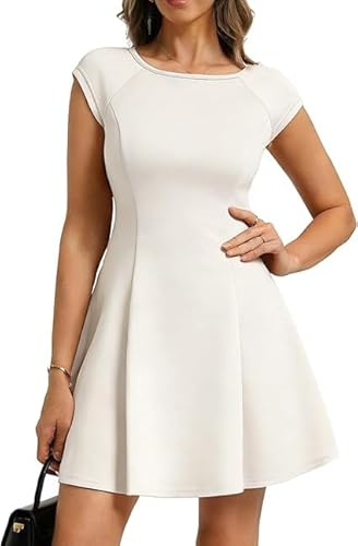 Belle Poque Women Crew Neck Short Cap Sleeves Dress Summer Casual High Waist A-Line Dresses Wedding Cocktail Party Dress