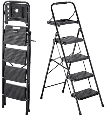 VEVOR Scaletta Pieghevole Salvaspazio con 4 Gradini con Ampio Pedale Antiscivolo, Impugnatura Comoda, Scala Portatile in Acciaio con Capacità di 272 kg, Multiuso per Cucina, Casa, Casa e Ufficio