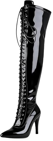 Veelau Meieer Bottines à lacets pour femme - Talons hauts - Bottines à lacets Stiletto avec fermeture éclair, Cuir verni noir, 43 EU