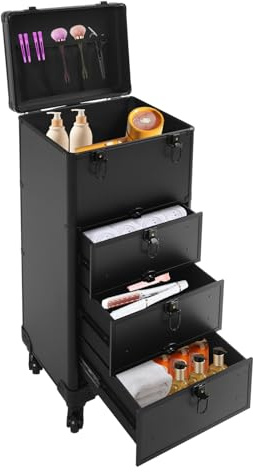 Steeviuzj Carro de cosméticos con 3 cajones, gran maletín de maquillaje con cerradura con 4 ruedas, organizador de maquillaje, maletín de viaje para joyas, cosméticos, ropa, 34 × 27 × 107 cm, Negro