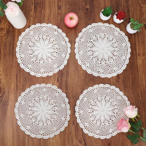 kilofly Crochet Cotton Lace Table Placemats Doilies Value Pack, 4pc, Beige, 13.7 inch