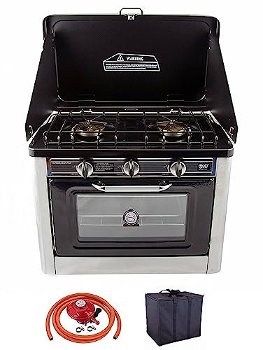 CO-01 Gaskocher 2 flammig Campingkocher mit Gas Backofen mit Deckel Gasgrill Gasherd Ofen inkl. Gasschlauch-Regler Set