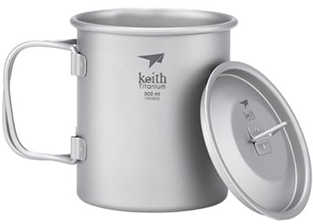 Keith Tazza in Titanio 300 ml Ti3201 con Coperchio e Manico Pieghevole, Leggera e Resistente, Ideale per Tè e Caffè in Campeggio, Trekking, Picnic, Gavetta Scout e Viaggi Outdoor