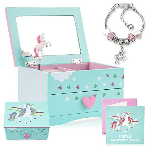 Amitié Lane Unicorn Musical Jewellery Box for Girls - Unicorns Gifts For Girls, Music Box For 5 Year Old Birthday Gifts or Ages 6, 7, 8, Kids Jewellery Box, Unicorn Bedroom Decor For Little Girl: Mint